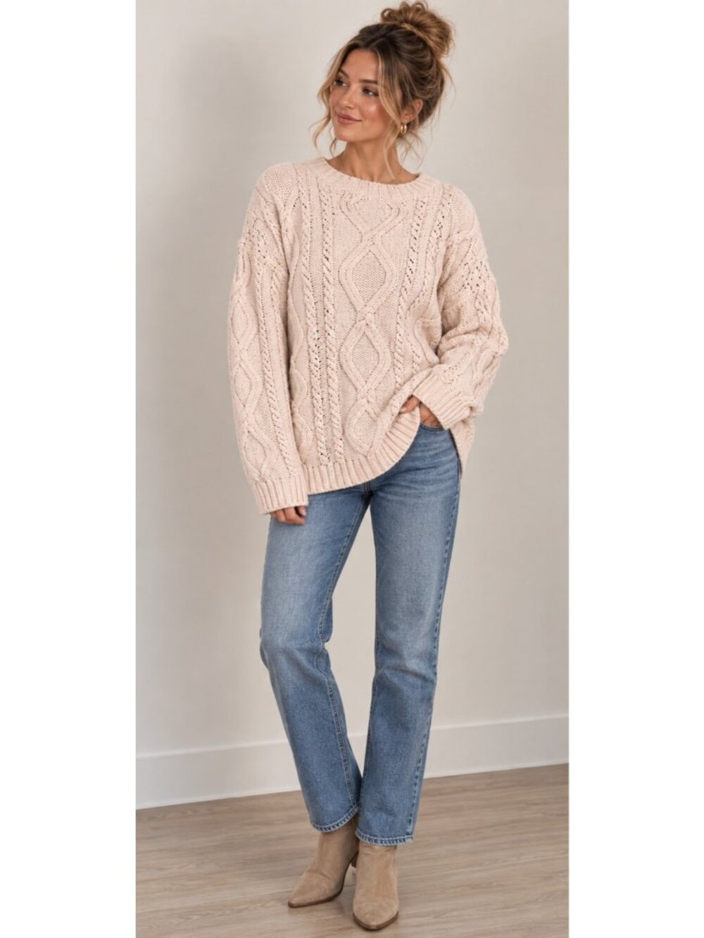 Trendy Queen XL Fisherman Cable Knit Sweater Blush Ivory Coastal Quiet Luxury